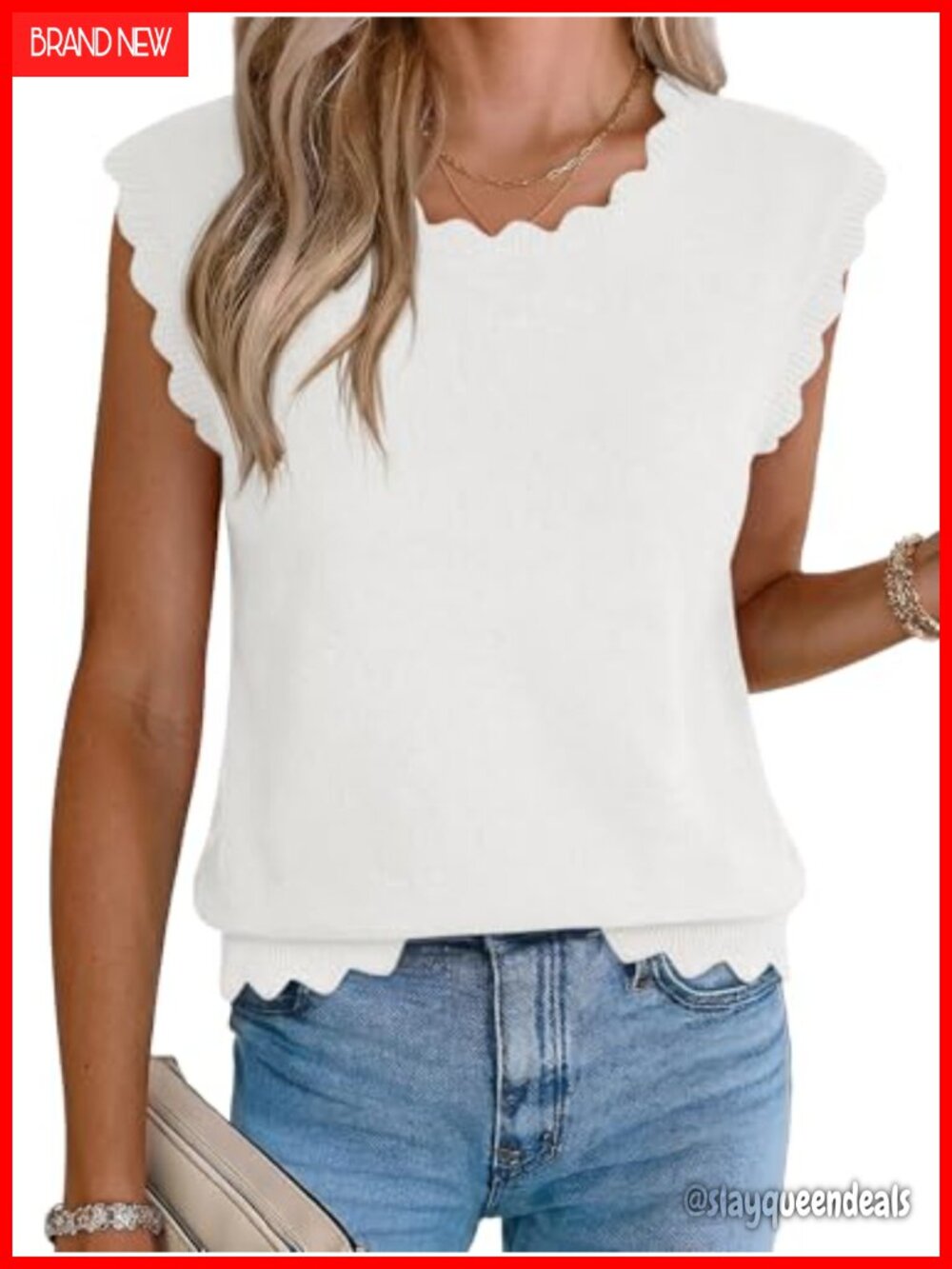 Scallop Trim Sweater Vest Sleeveless Knit Tank Top Loose Fit